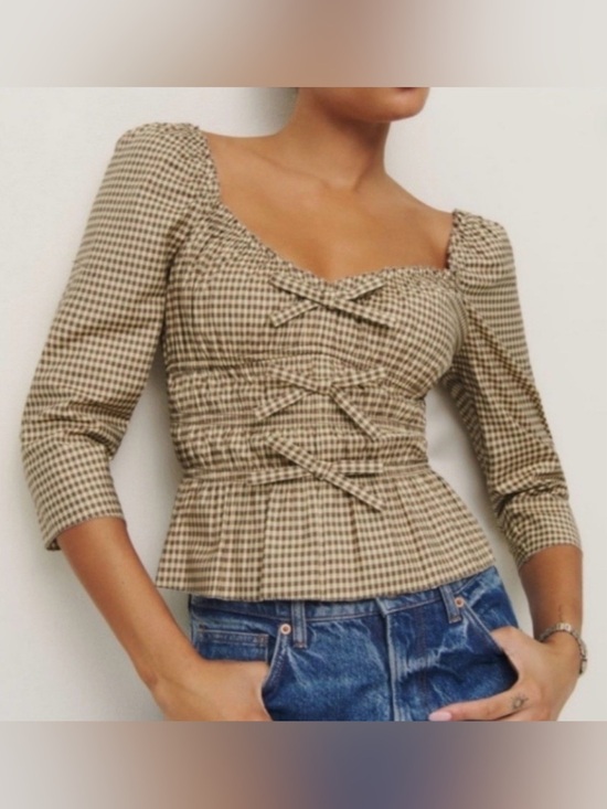 Reformation Tops - NWOT Reformation Lauryn Gingham Peplum Square-Neck Top in Beige